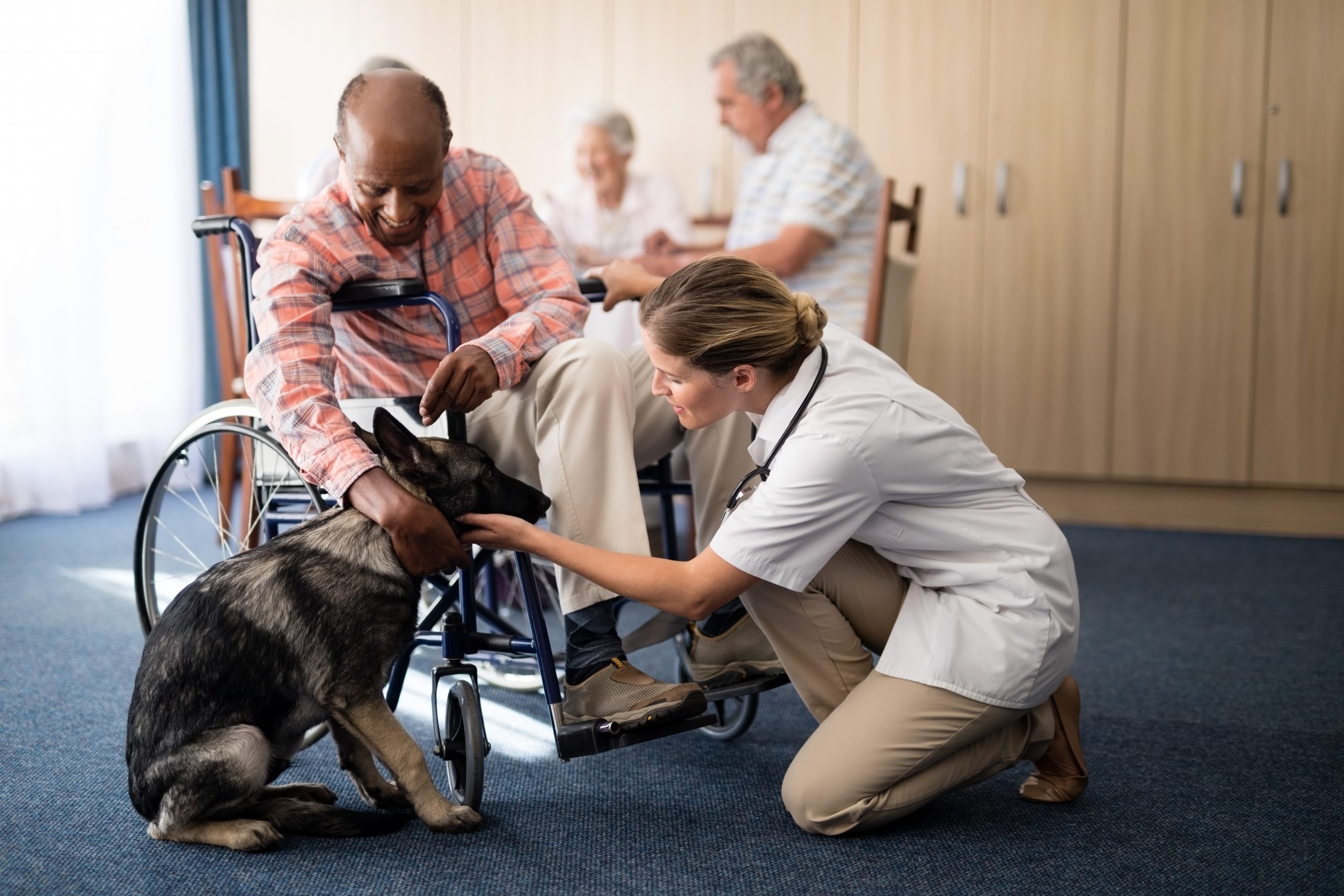 Female doctor kneeling by disabled senior man stroking puppy at retirement home